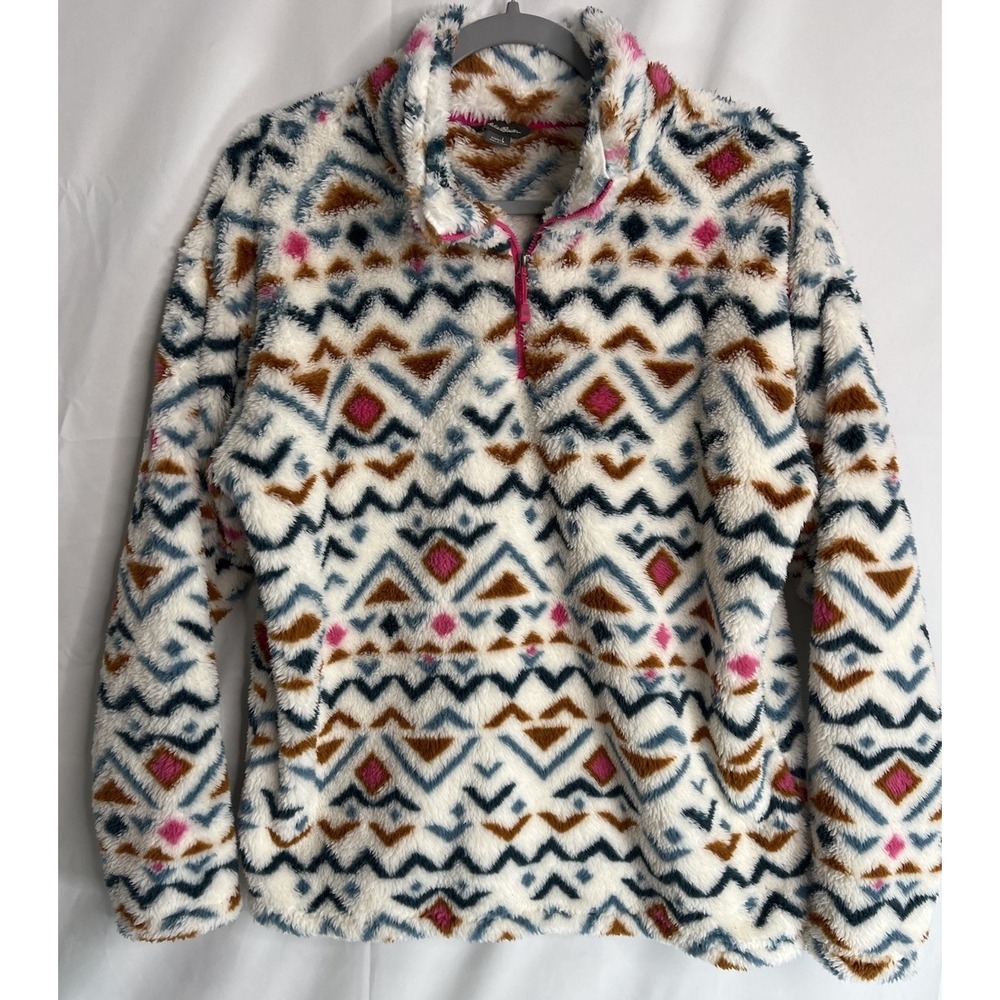 Eddie Bauer Plush Fleece 1/4 Zip Pullover Women's Size L Vanilla Aztec Outdoor